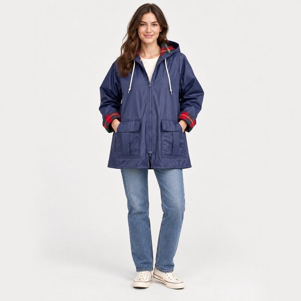 Vintage Misty Harbor Navy Rain Slicker Jacket Plaid Lined Hooded Size L -